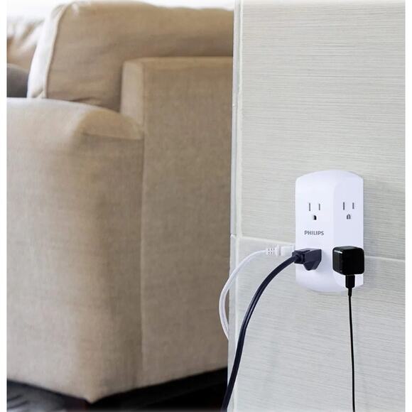 PHILIPS WALL ADAPTER EXTENDER FOR 6 GROUNDED AC OUTLETS WHITE 2-PACK NEW - Picture 5 of 5